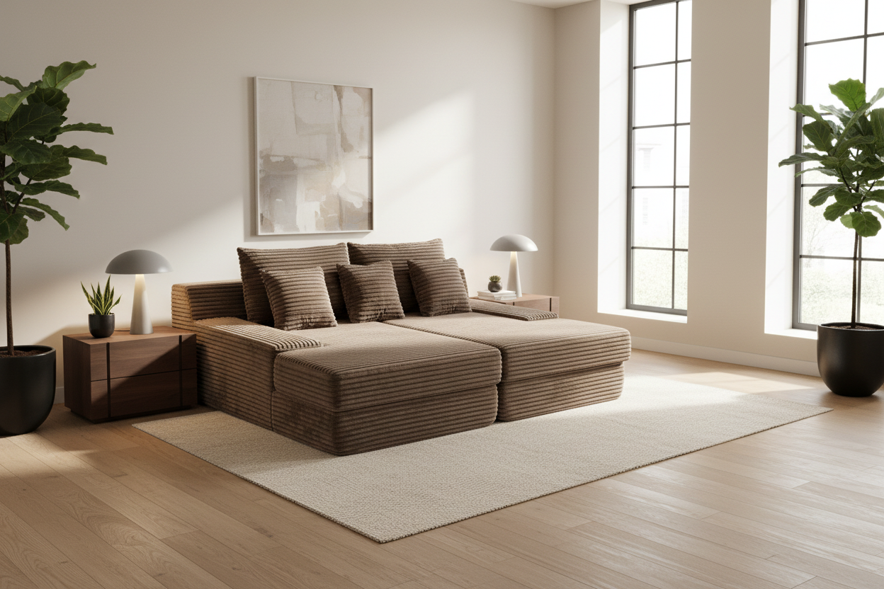 Кровать в интерьере — коричневый вельвет