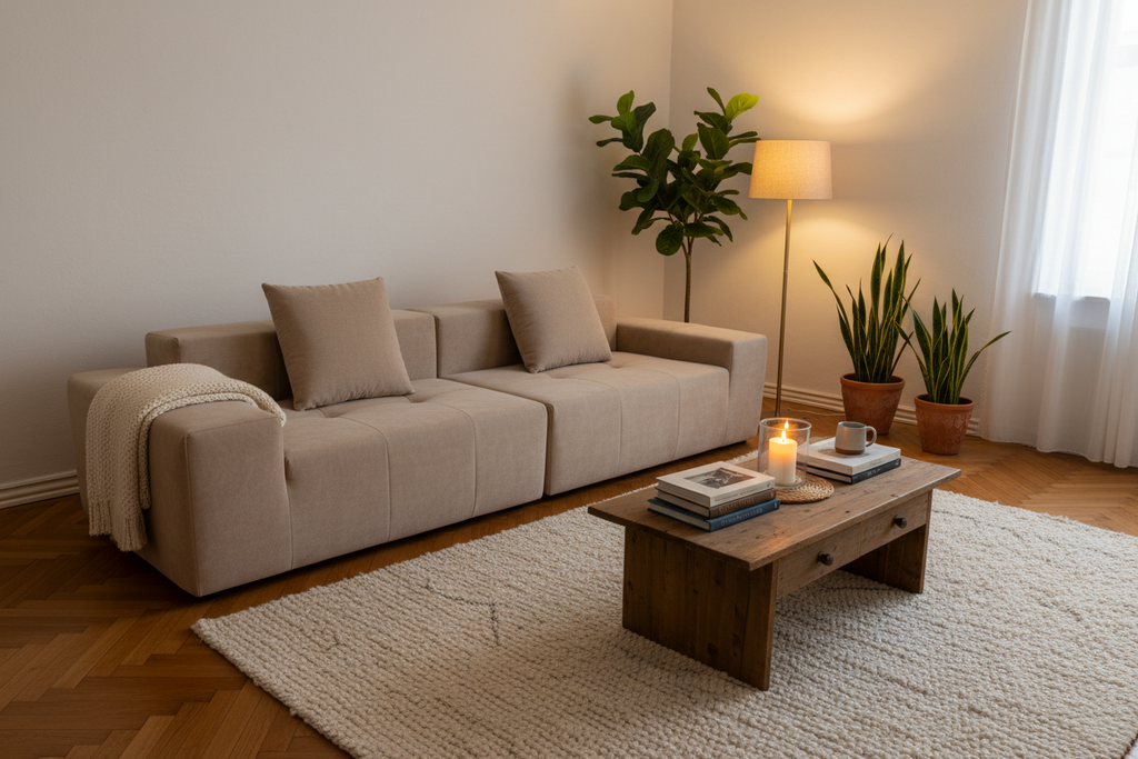 Beige sofa cozy home