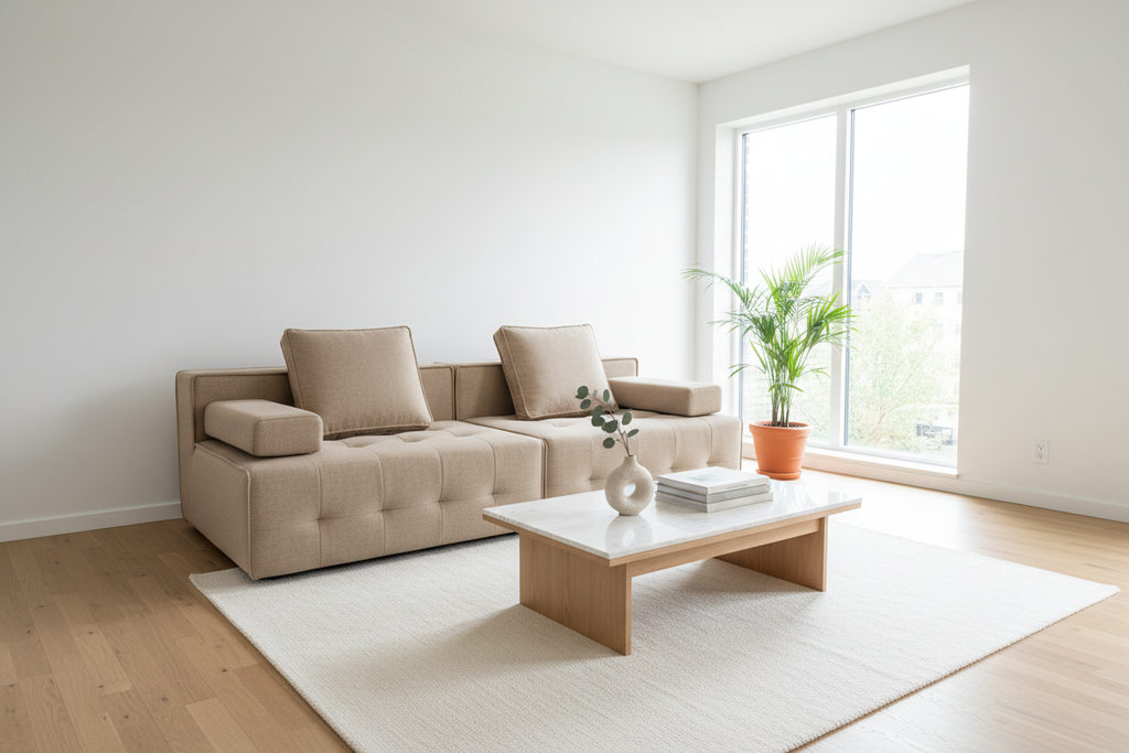 Beige tufted sofa Scandinavian interior