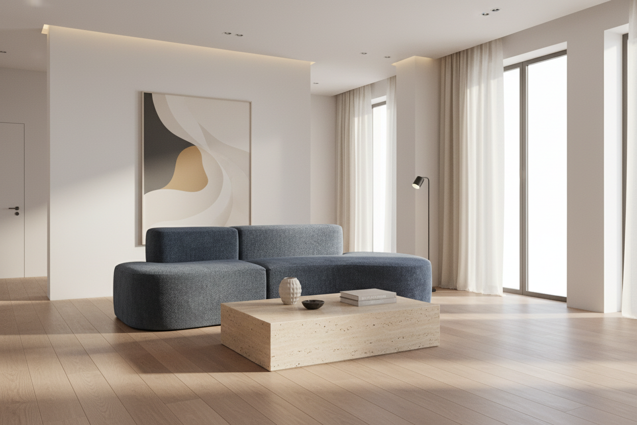 Curved Modular Sofa in Steel Blue bouclé — luxury minimalist interior, AI-generated lifestyle image