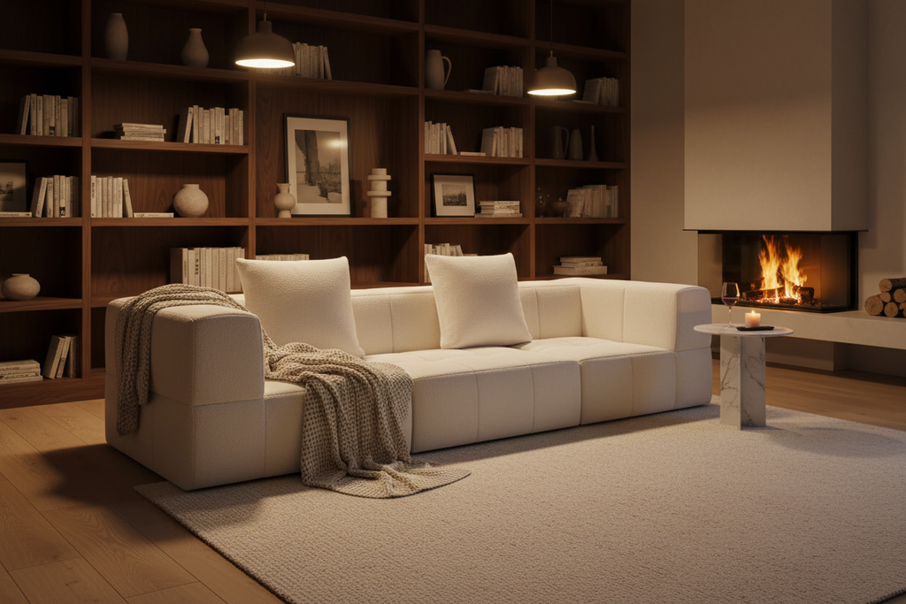 Sofa in cozy evening interior